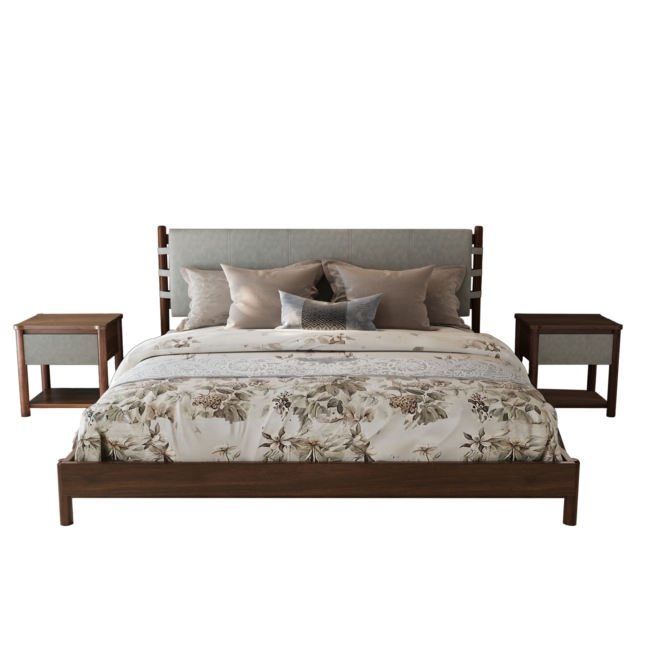 Christopher Knight Home 3-Piece Modern King Bed Frame with 2 Nightstands and Headboard, Walnut+Light Gray