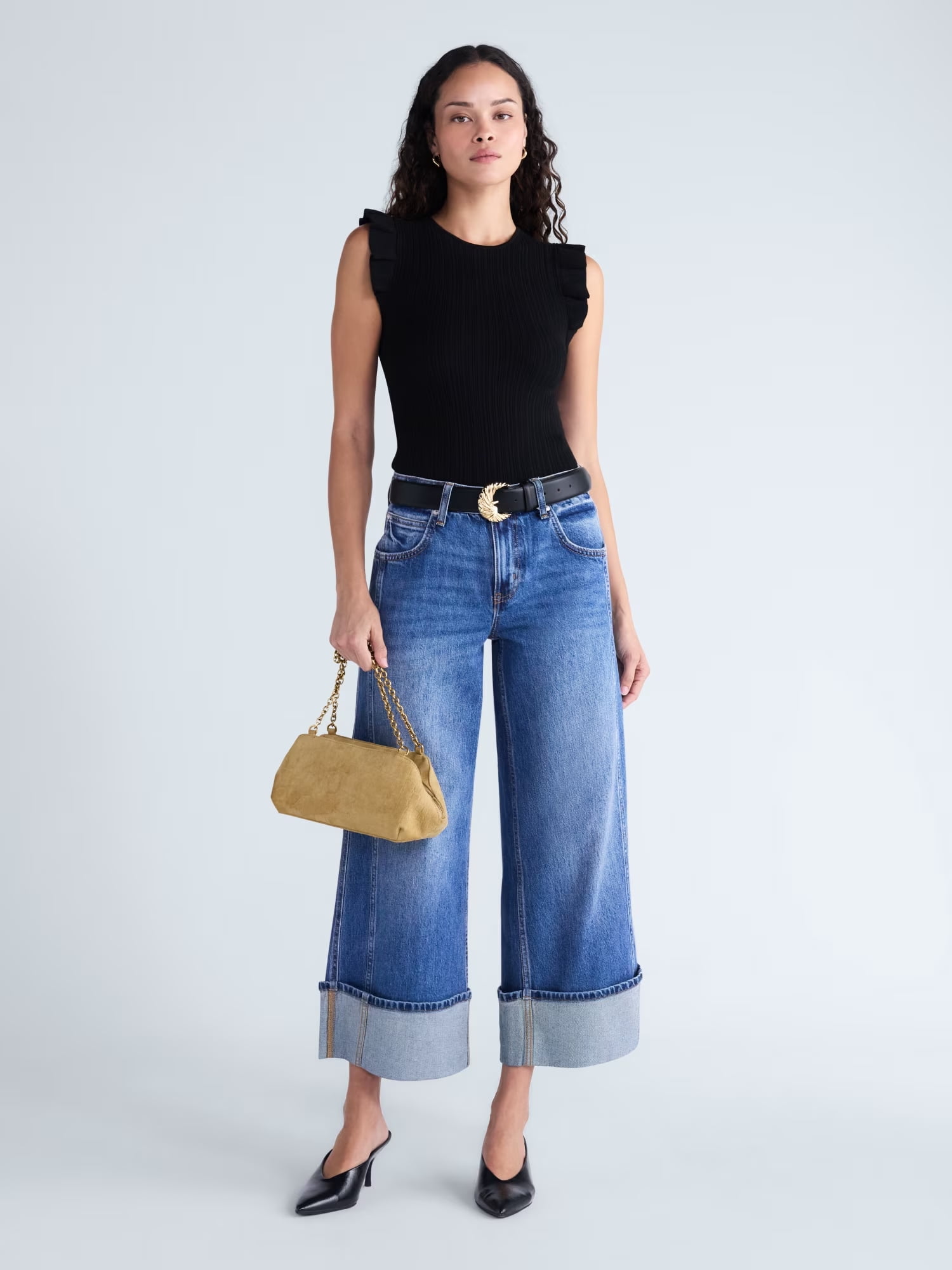 Scoop Women's and Women's Plus Mid Rise Cuffed Wide Leg Jeans, Sizes 0-28W