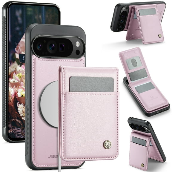 for Google Pixel 9A Case with RFID Blocking Card Holder Google Pixel 9A Case Magsafe Compatible Phone case Kickstand Wallet 2 in 1 Detachable Magnetic Leather Cover for Men Women, Pink
