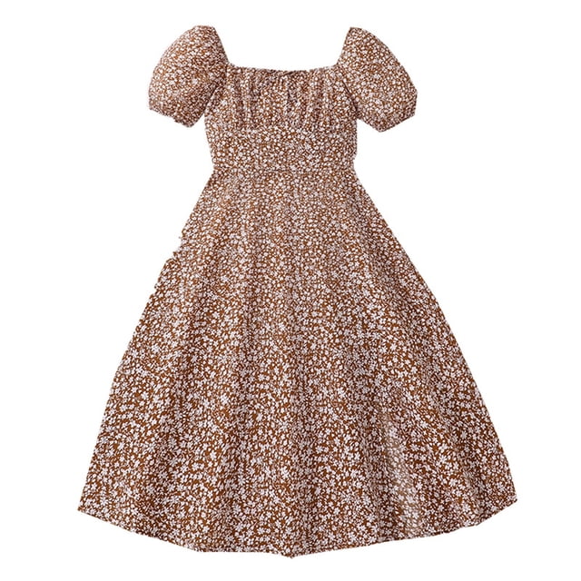 Odeerbi Niñas Verano Floral A-Line Vestido Manga Corta Princesa Vestido Cuello Redondo Ruffle