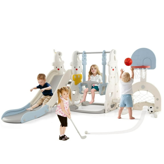 Costway 7-in-1 Toddler Slide with Height Adjustable Basketball Hoop & Swing Golf Soccer