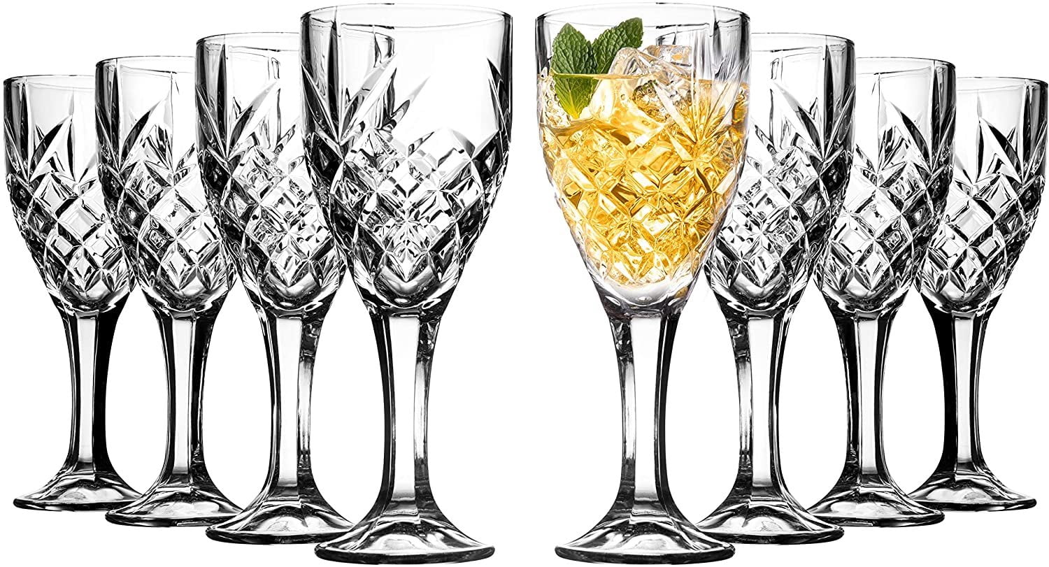 Royalty Art Vintage Highball Goblet Glassware Set of 8 Elegant Clear Drinking Glasses for Water Beer Cocktails and Iced Drinks Dishwasher Safe Gift Ready