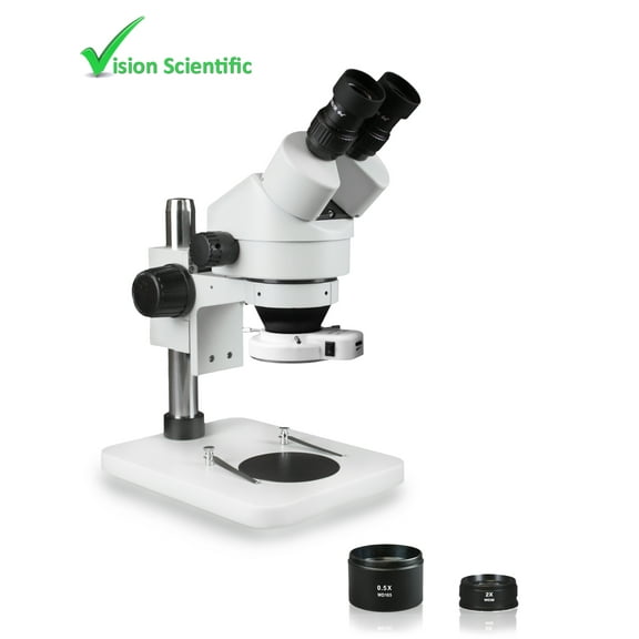 Vision Scientific VS-1EZ-IFR07 Binocular Zoom Stereo Microscope, 10x WF Eyepiece, 0.7x---4.5x Zoom, 3.5x---90x Magnification, 0.5x & 2x Auxiliary Lens, Pillar Stand, 144-LED Ring Light with Control