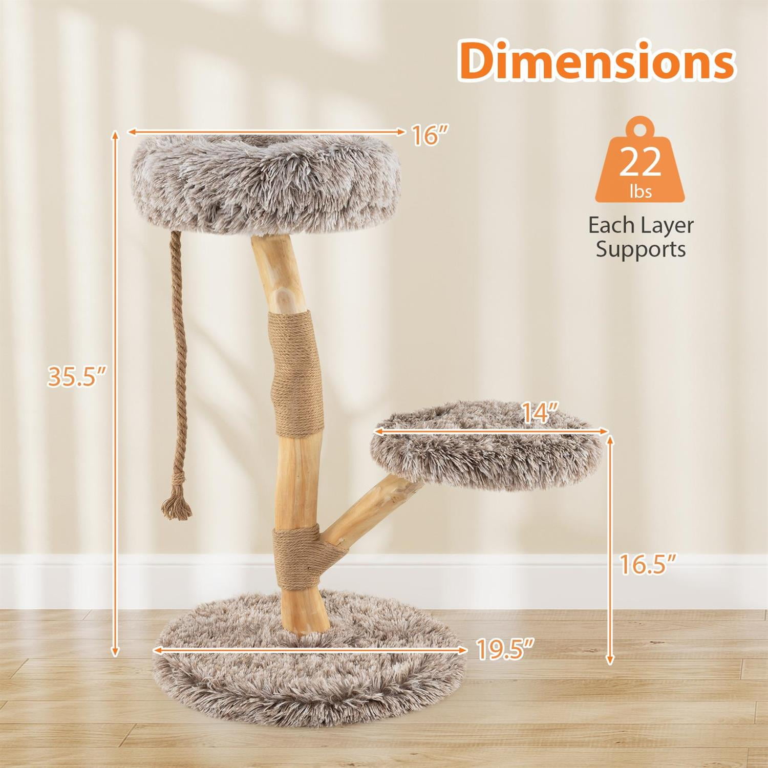 Pefilos Modern Wooden Cat Tree Tower, Top Perch & Natural Jute Scratching Posts, 3-Tier Design & Anti-Toppling, Brown