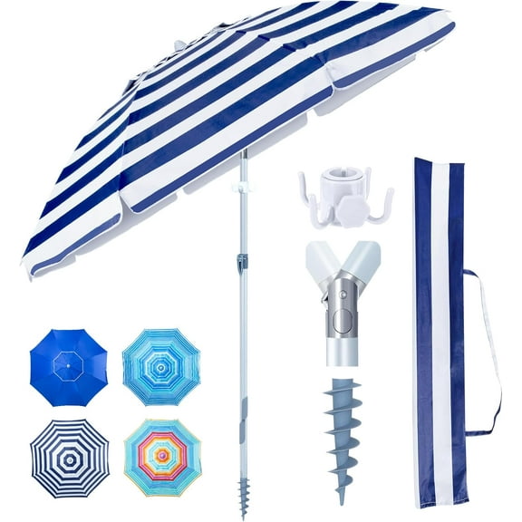Heavy Duty High Wind Beach Umbrella with Sand Anchor & Carry Bag|Patio Outdoor Umbrella with Alumininm Frame, Sunshade Umbrella with Push Button Tilt, Ideal for Travel Garden Lawn Poolside Backyard