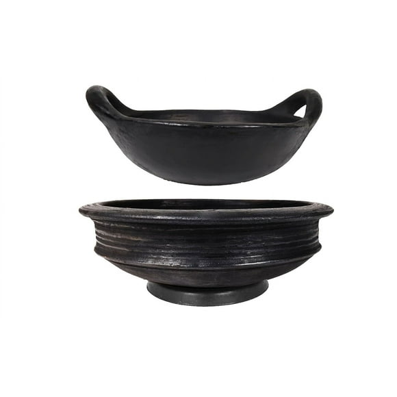 Pottery Earthen Kadai + Clay Pots Combo Of 2 For Cooking - Black, 3+1 Liters | Pre Seasoned Clay Pots Combo