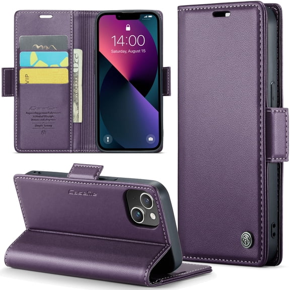 Nalacover Premium PU Leather Wallet Case for iPhone 15, RFID Blocking Card Slots Holder Cover with Kickstand Magnetic Clasp TPU Shockproof Case for iPhone 15, Purple