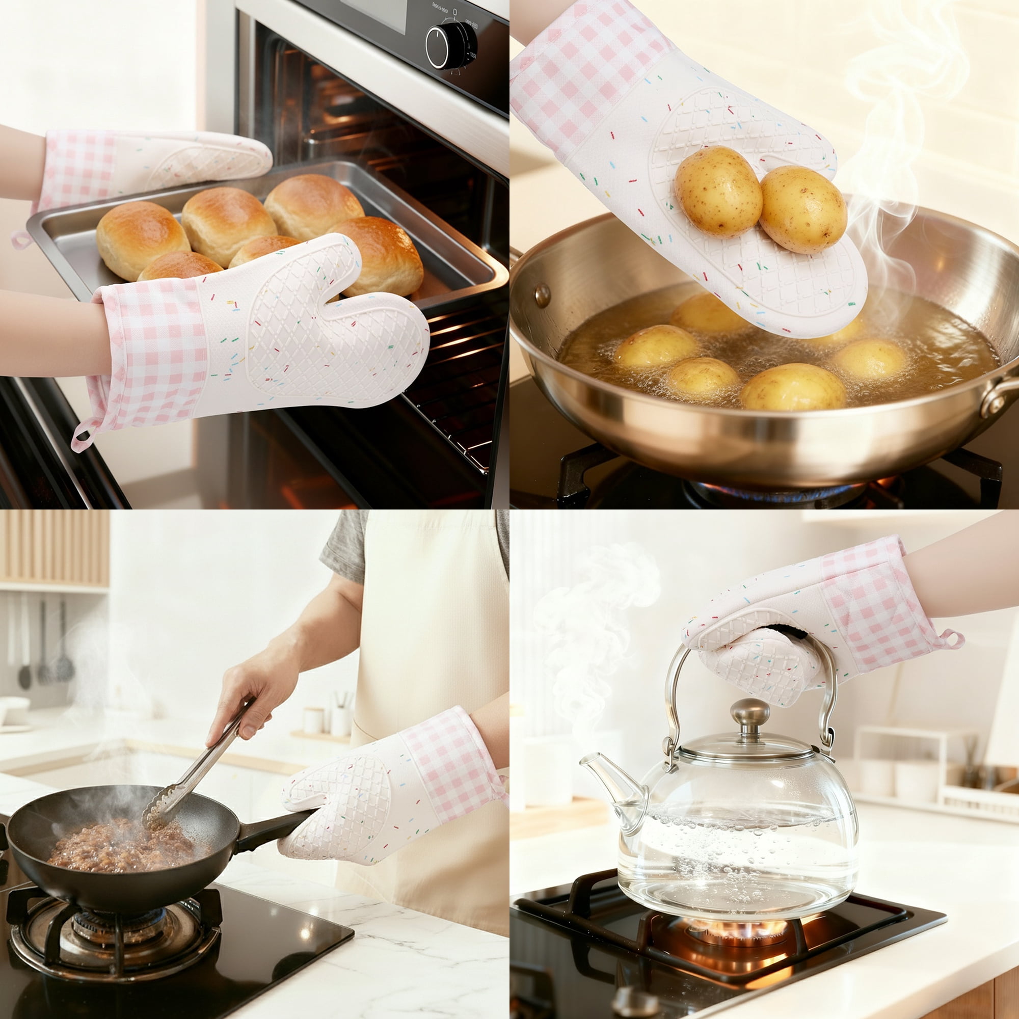 Unique Bargains Cotton Oven Mitts Heat Resistant Cooking Gloves Pink 11.4x7.3x7.3inch
