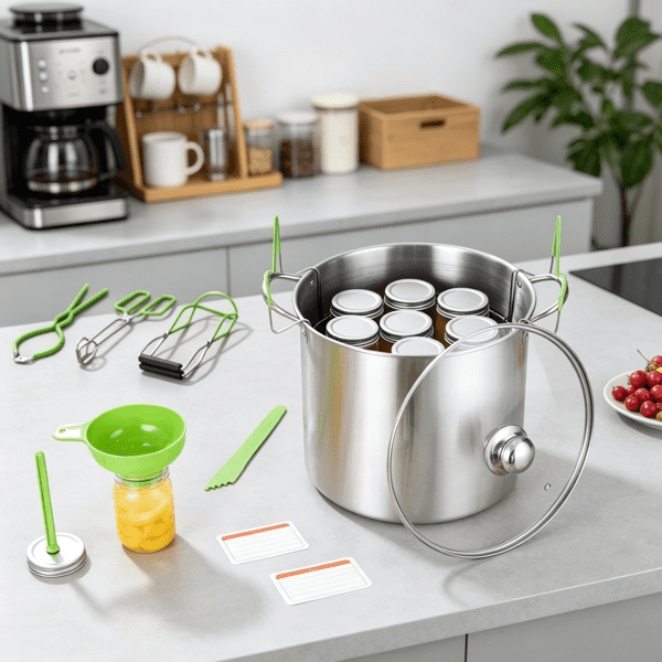 9 Piece Stainless Steel Water Bath Canning Starter Kit, Includes Pot, Rack, Lid, Funnel, Tongs, Jar Lifter, Wrench, Magnetic Wand & Bubble Popper, for Beginners（Excluding Glass Jars）