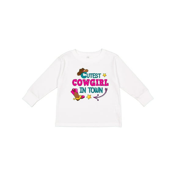Inktastic Cutest Cowgirl in Town with Cowgirl Hat and Boots Girls Long Sleeve Toddler T-Shirt
