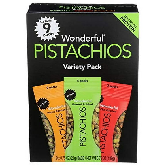 Wonderful Pistachios, No Shells, 3 Flavors Variety Pack of 9 (0.75 Ounce), Protein Powered, Carb-Friendly, Gluten Free, On-the Go-Snack