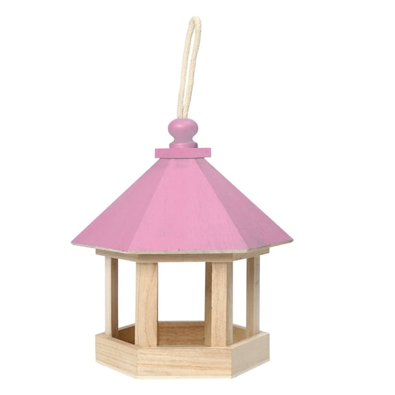 Wooden Hexagon Shaped Bird Feeder, Hanging Garden Decoration with Inclined Roof, Clear Panels for Easy Monitoring, for Attracting Finches, Warblers, and More
