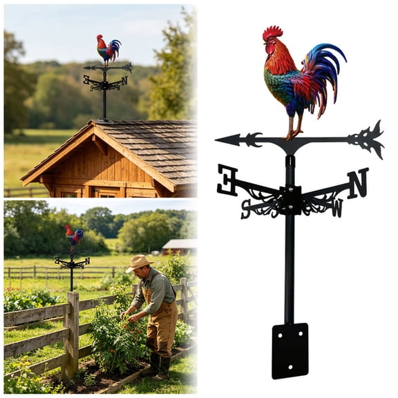 15" Colorful Rooster Weather Vane, Metal Wind Direction Indicator with Mounting Bracket for Farmhouse, Garden & Roof Decor