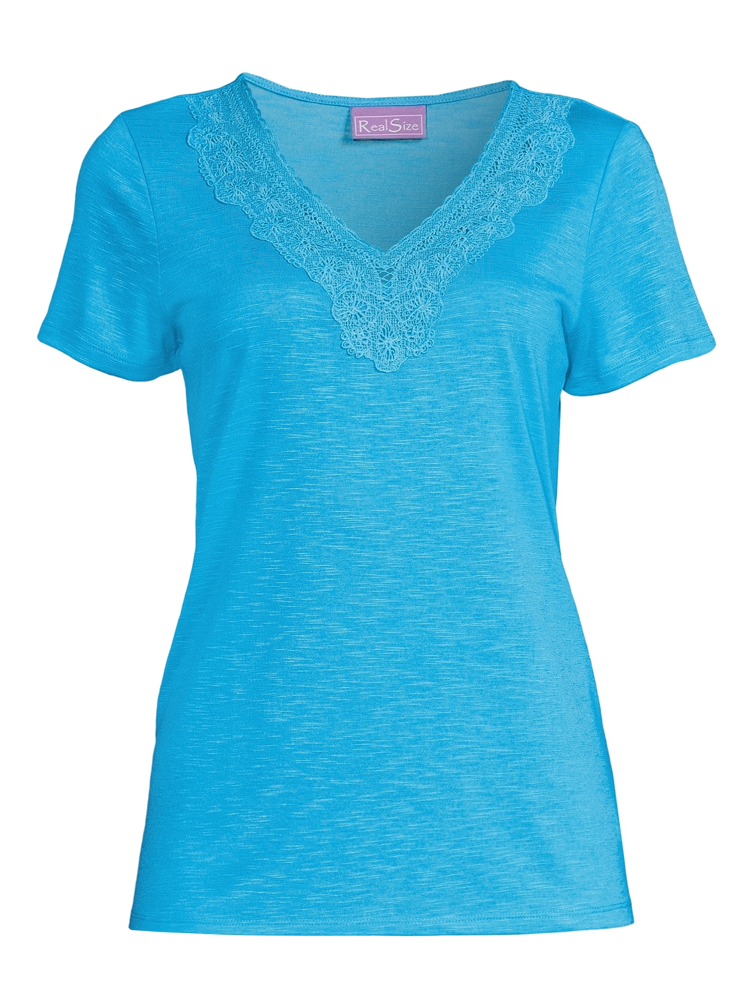 RealSize Women's Lace V-Neck Tee with Short Sleeves, Sizes XS-XXXL