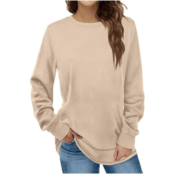 LEAVINGSUO Fall Clothes for Women Fashion,Women's Fashion Autumn Winter Solid Round-Neck Pullover Long Sleeve Tops Beige M
