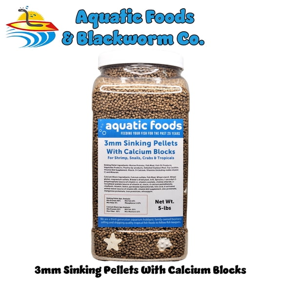 Calcium Blocks included in these 40% Protein 3mm Sinking Pellets for Shrimp, Snails, Crabs, Catfish, Plecos for All Tropical Fish. Pellets by Zeigler…5-lb Lg Jar