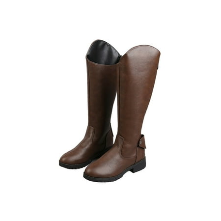 

Tenmix Ladies Biker Boot Knee High Riding Boots Wide Calf Tall Booties Back Zip Shoes Office Comfort Non Slip Winter Bootie Brown 8