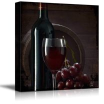 wall26 - Square Canvas Wall Art - Rustic Style Glass of Wine with Wine Bottle and Grapes - Giclee Print Gallery Wrap Modern Home Art Ready to Hang - 24x24 inches