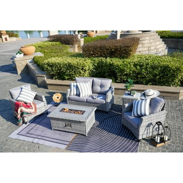 5-Piece Patio Conversation Set PE Rattan Wicker 4-Seater Furniture Sofa Set with Gas Fire Pit Table - Gray