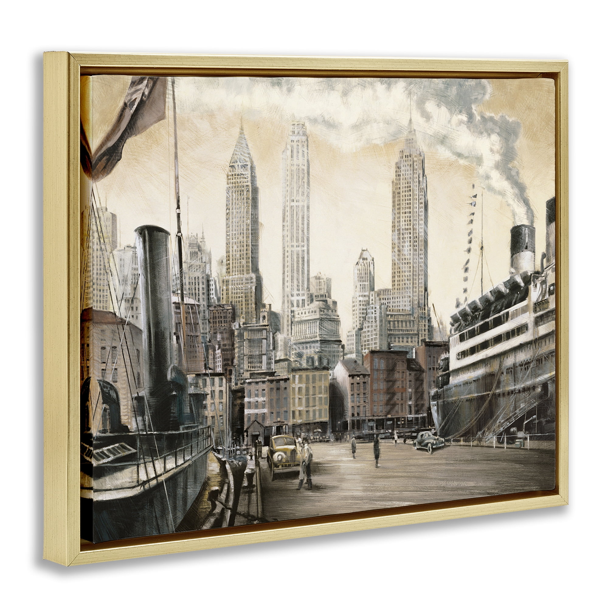 Stupell Industries Urban Boat Harbour Scenery Painting Gold Floater Framed Art Print Wall Art, 21 x 17