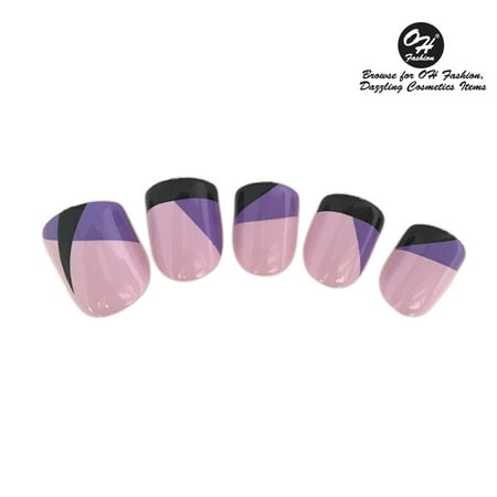 OH Fashion Stick on Nails Abstract Ilusion,Fake Nails Colour Purple, Lilac & Black 24 pcs set , beauty , nail filer , nail file ,manicure set, pedicure set , nail (The Best Stick On Nails)