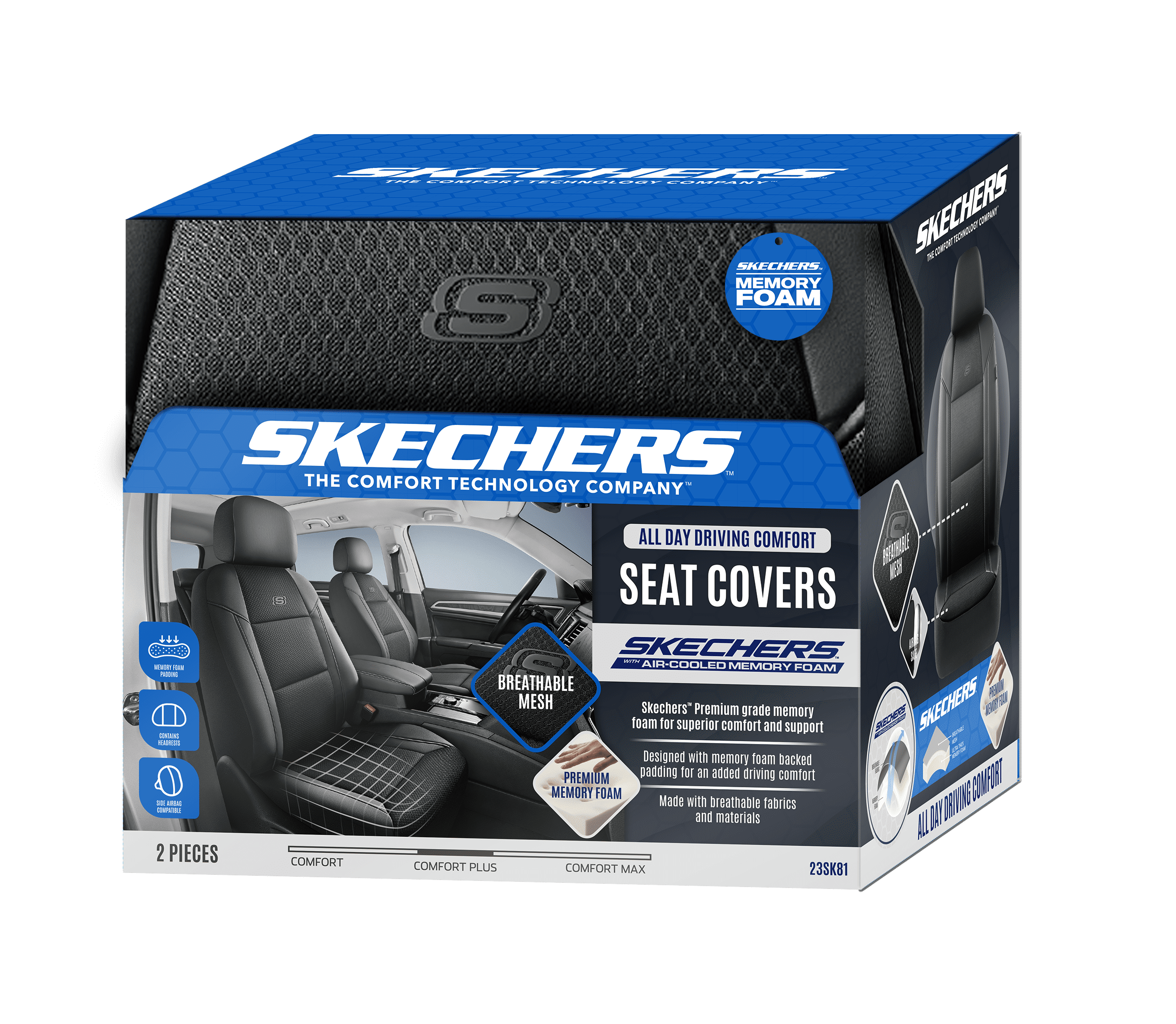 Skechers 2 Piece Car Seat Cover Air Cooled Memory Foam Black - Universal Fit, 23SK81