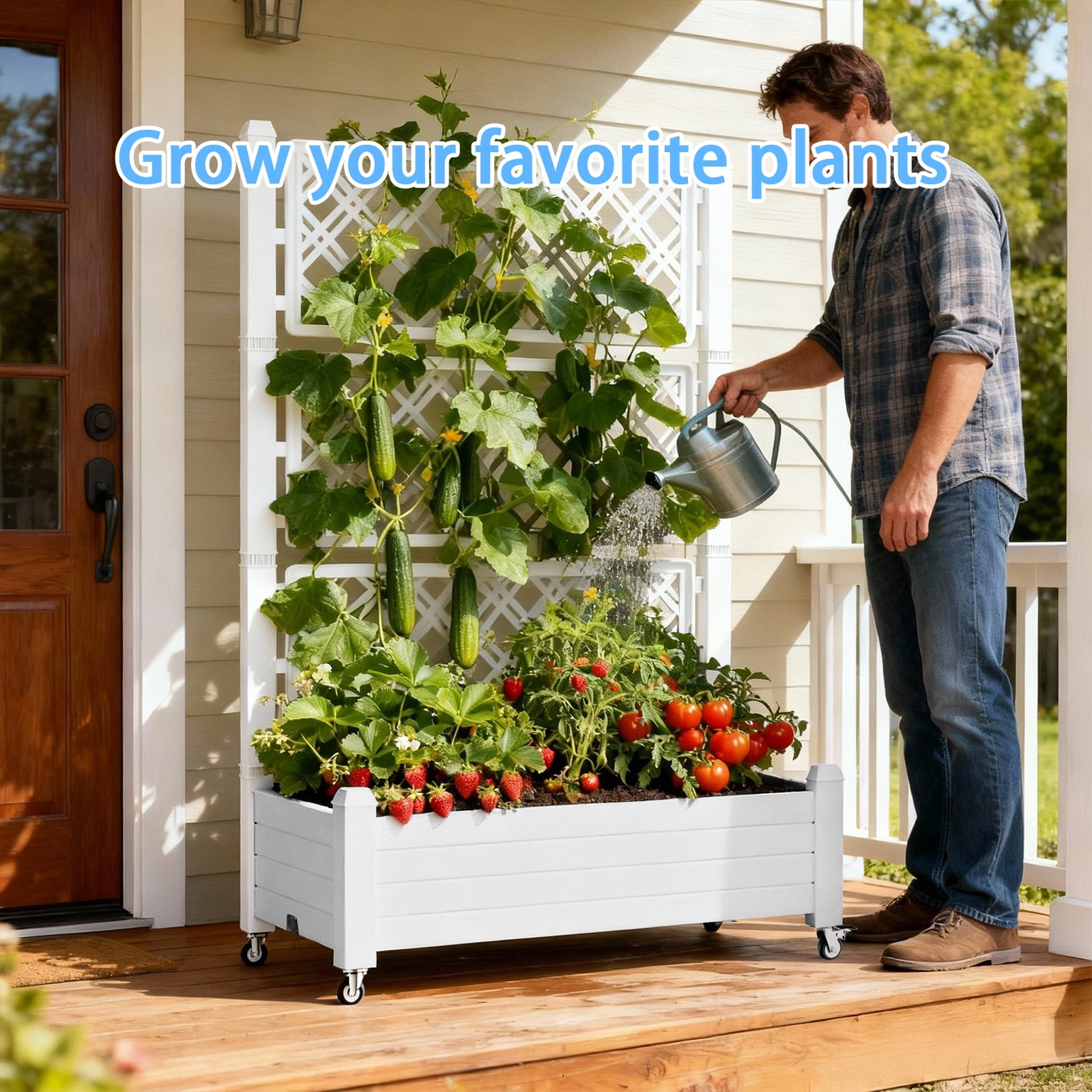 MAYEERTY Raised Garden Bed with Trellis Wheel, Freestanding Planter Box with Built-In Water Storage for Climbing Plants Vegetables Flowers Garden Yard