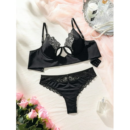 SkyAuks Women s Exotic Lingerie Sets  Sexy Lingerie for Women  Women s Plus Size Floral Lace Cut Out Underwire Lingerie Set  Mesh Scallop Trim Bra and Panty Set  Black(XL)