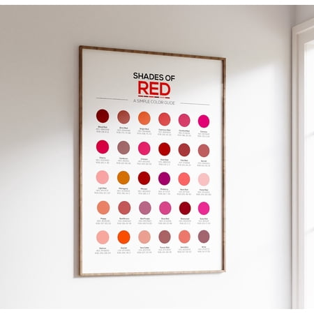 Different Shades of Red Color Chart 30 Hex Codes RGB Designer Reference, Unframed Paper Poster 8x10in
