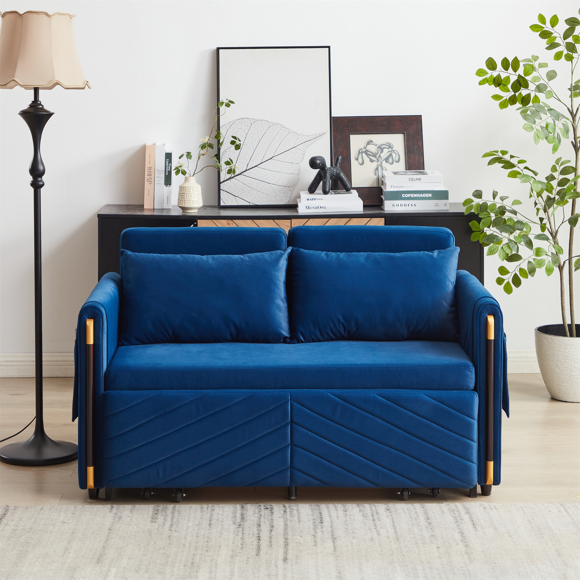 Aukfa Velvet Futon Convertible Loveseat Sleeper Sofa, Full Size, 2Pillows&Side Pockets, Blue