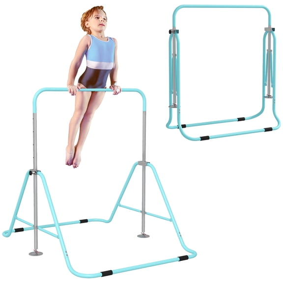 Exercise Equipment Qaba Folding Gymnastics Bar for Kids with Shock Absorption, Adjustable Gymnastics Horizontal Bar, Gymnastics Kip Bar for Home Use, Green,Workout Equipment