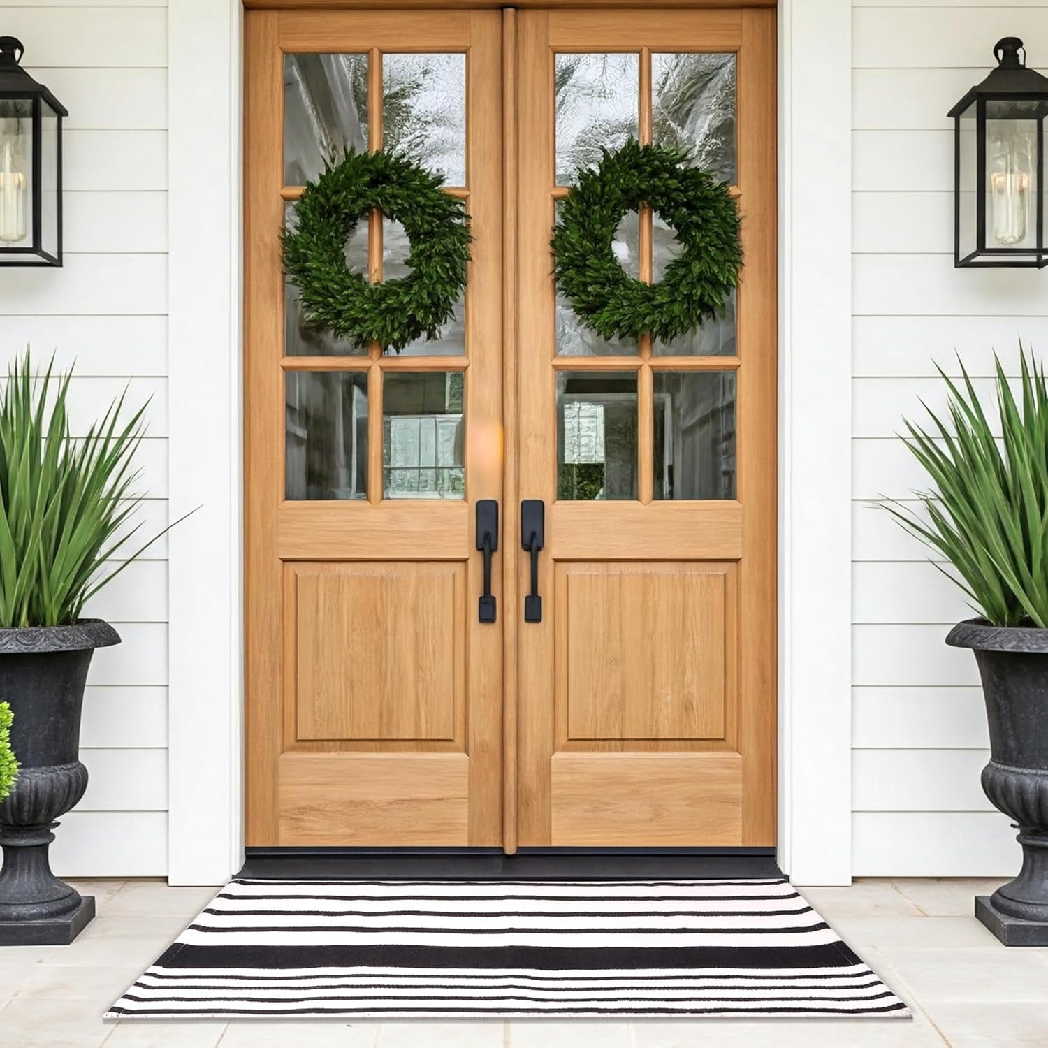A1HC Black & White Striped Front Door Rug, 24x51 in, Hand-Woven Cotton, Washable, Fade-Resistant Layered Rug for Porch & Entryway