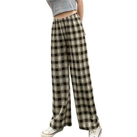 

Soft Pants for Women Elastic Waist Band Trousers with Pockets Loose Fit Pajama Sleep Pant XL Coffee Grid