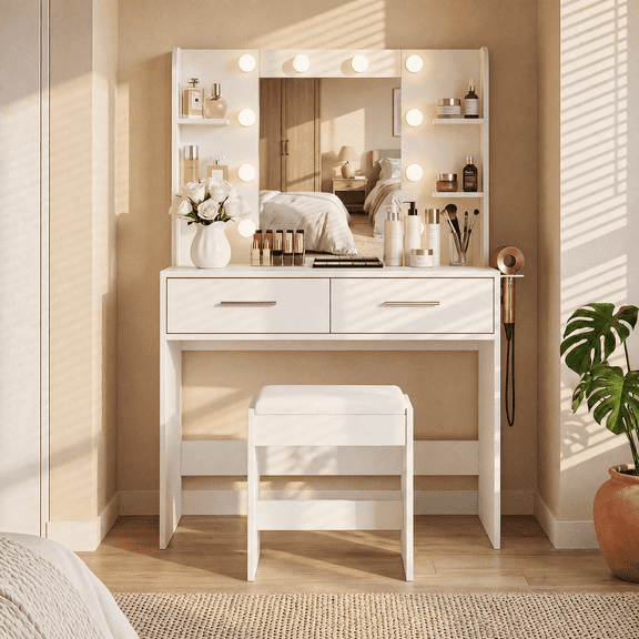 Homall Makeup Vanity Set with Mirror & Stool, Vanity Desk with LED Lights & Fast-Charging Outlet, Vanity Table for Bedroom Dressing Room, White