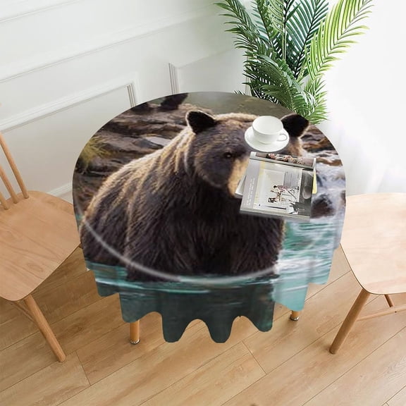 RKSupls 60 Inch Round Tablecloth, Bear Waterfall River Wild Premium Polyester Straight Edge Wrinkle Resistant Washable Table Cover for Party Home Dining Decor