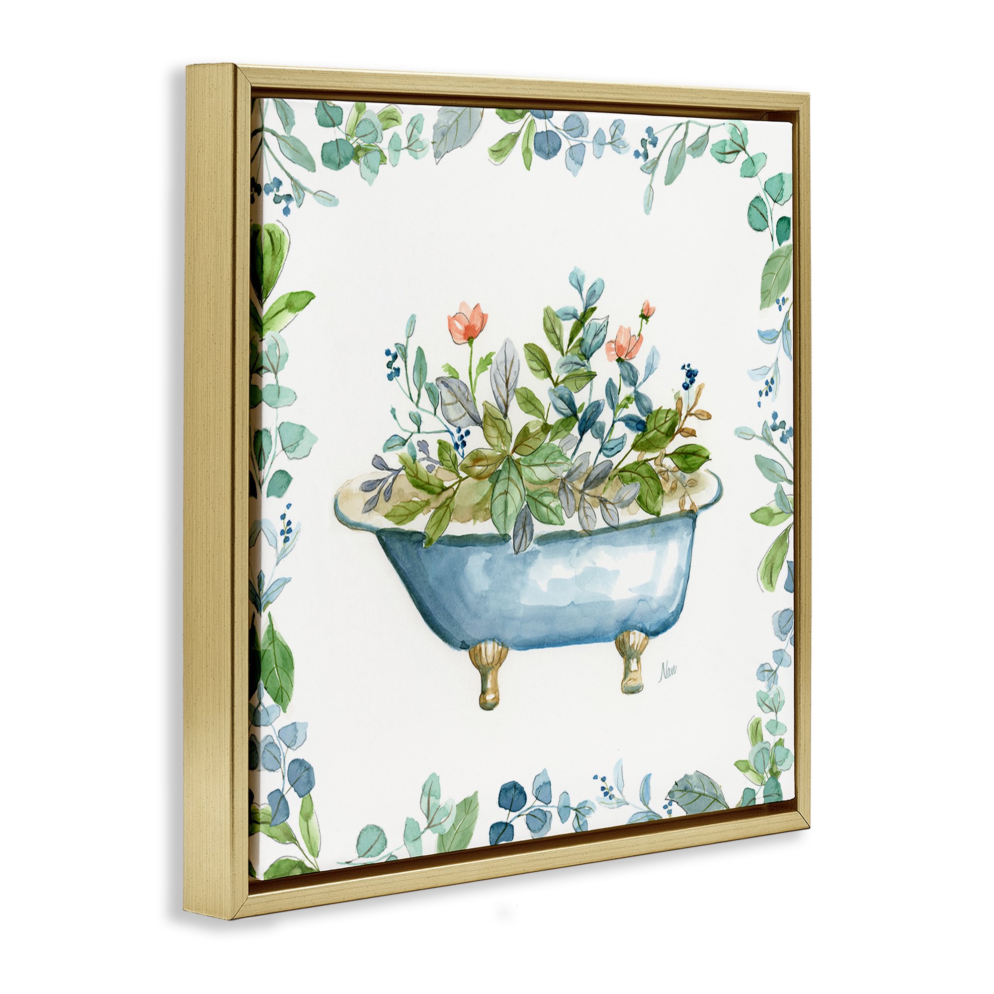 Stupell Industries Botanical Bath Tub Typography Painting Gold Floater Framed Canvas Art Print Wall Art, 25 x 25