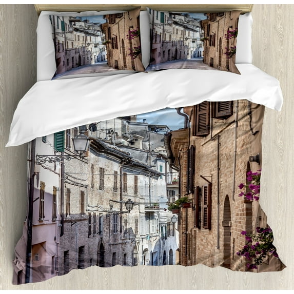 Mediterranean Duvet Cover Set Queen Size, Italian Apartments in Aged City Countryside Italy Dreamy Path Destination Photo, Decorative 3 Piece Bedding Set with 2 Pillow Shams, Multi, by Ambesonne