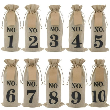 

10Pcs Burlap Wine Bags with Tags for Blind Wine Tasting Numbered Hessian Cloth Glass Bottle Gift Bags for Christmas Wedding Party Decoration