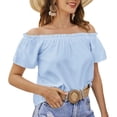 thumbnail image 1 of Blusa de manga corta con volantes y dobladillo con volantes para mujer Camisa con hombros descubiertos de color puro de verano, 1 of 8