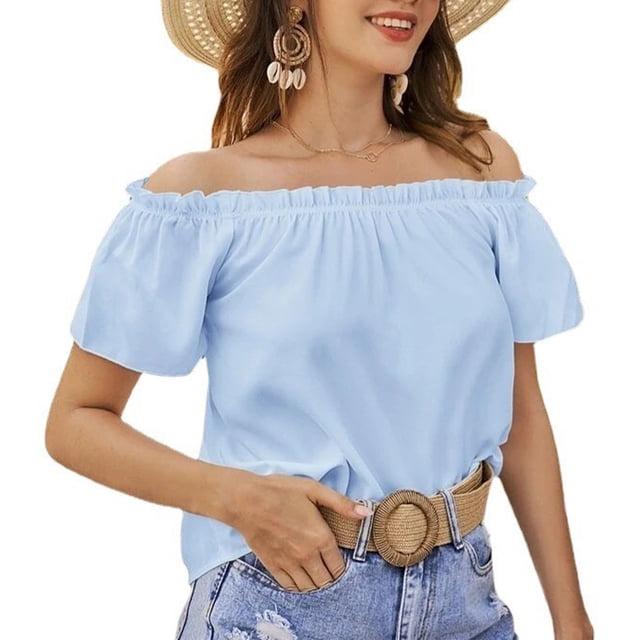 Blusa de manga corta con volantes y dobladillo con volantes para mujer Camisa con hombros descubiertos de color puro de verano