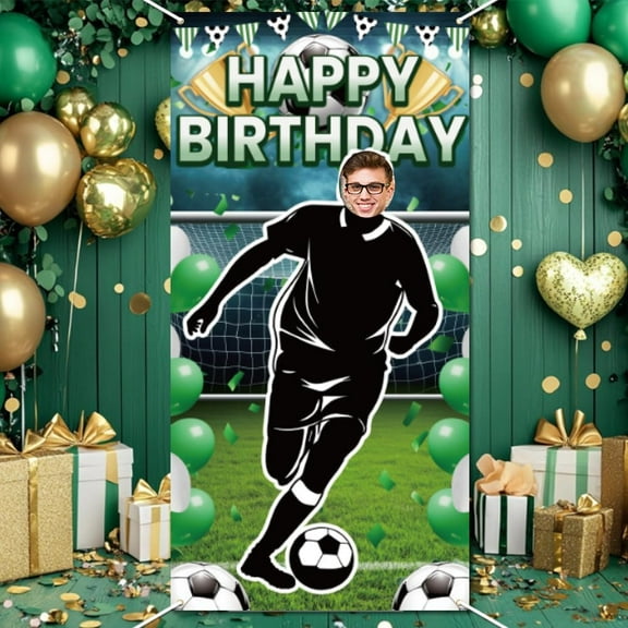Football Happy Birthday Photo Banner Decoration 2.9x5.9 Ft Soccer Party Photography Backdrop Large Fabric Sports Face in Hole Hanging Door Cover Banner