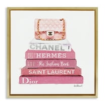 Stupell Industries Pink Book Stack Fashion Handbag Beauty & Fashion Painting Gold Floater Framed Canvas Art Print Wall Art, 18 x 18