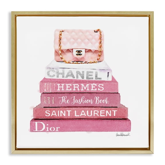 Stupell Industries Pink Book Stack Fashion Handbag Beauty & Fashion Painting Gold Floater Framed Canvas Art Print Wall Art, 18 x 18