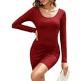 thumbnail image 3 of Womens Dresses U Neck Long Sleeve Casual Ribbed Knit Slim Fitted Basic Bodycon Mini Pencil Dress Red XL, 3 of 9