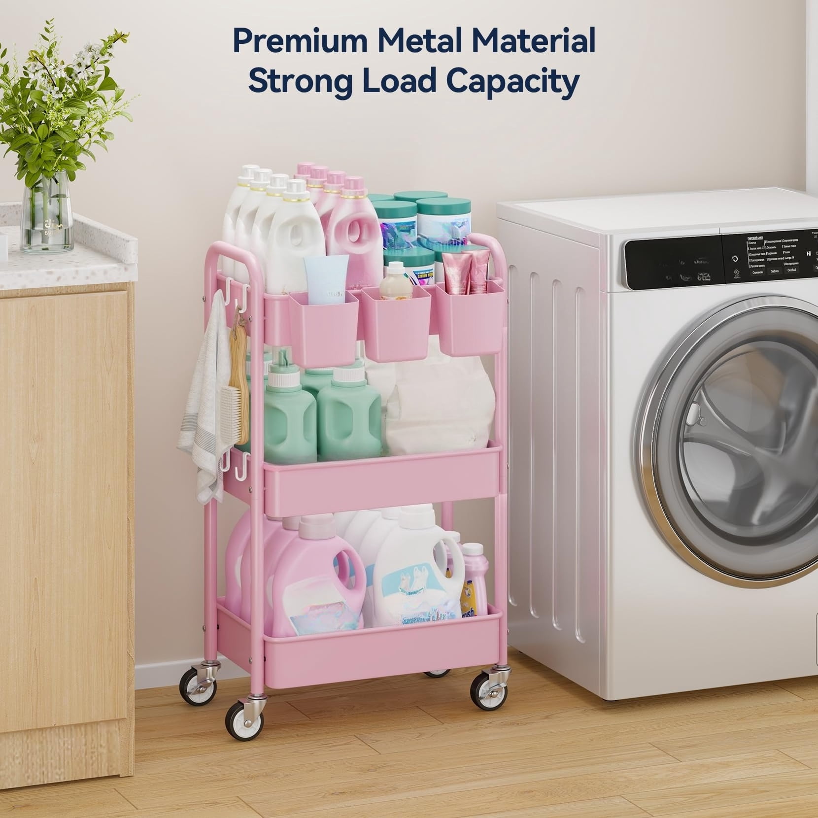 3 Tier Rolling Cart - Metal Utility Cart with Wheels, Hanging Cups, Hooks, Heavy Duty Mesh Rolling Storage Cart Organizer, Craft Cart for Kitchen Office, Lightweight and Sturdy