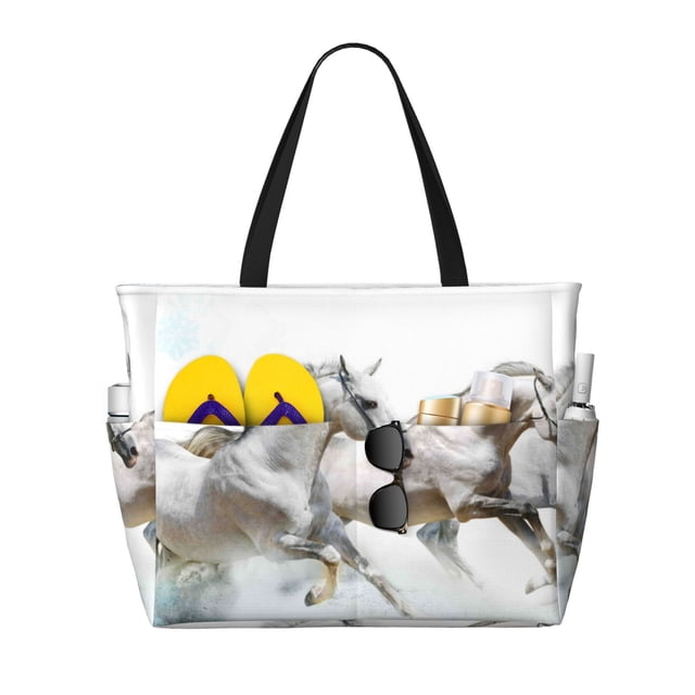 Easygdp Running White Horses Bolsa de Viaje de Playa de Gran Capacidad, Bolsa Tote Perfecta para la Playa, Escapadas de Fin de Semana y Viajes