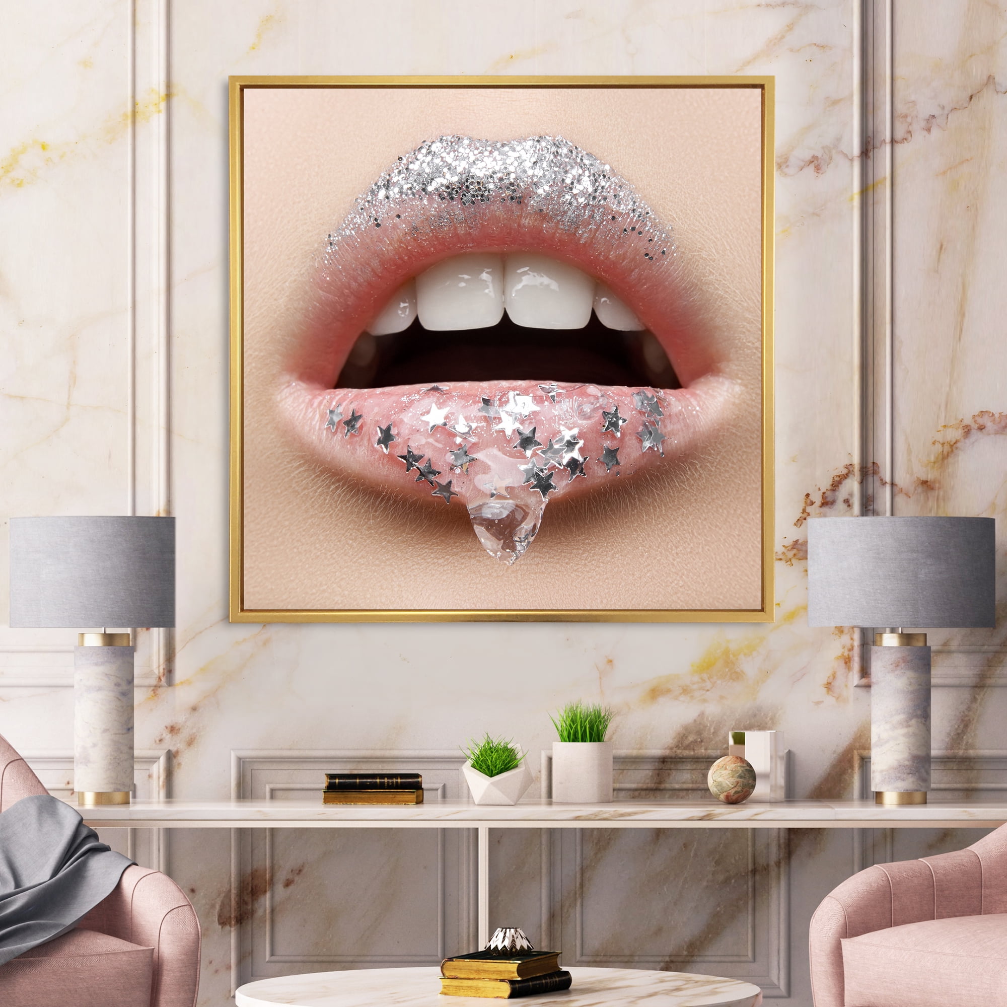 Designart 'Woman Lips With A Gel On The Lips & Stars' Modern Framed Canvas Wall Art Print