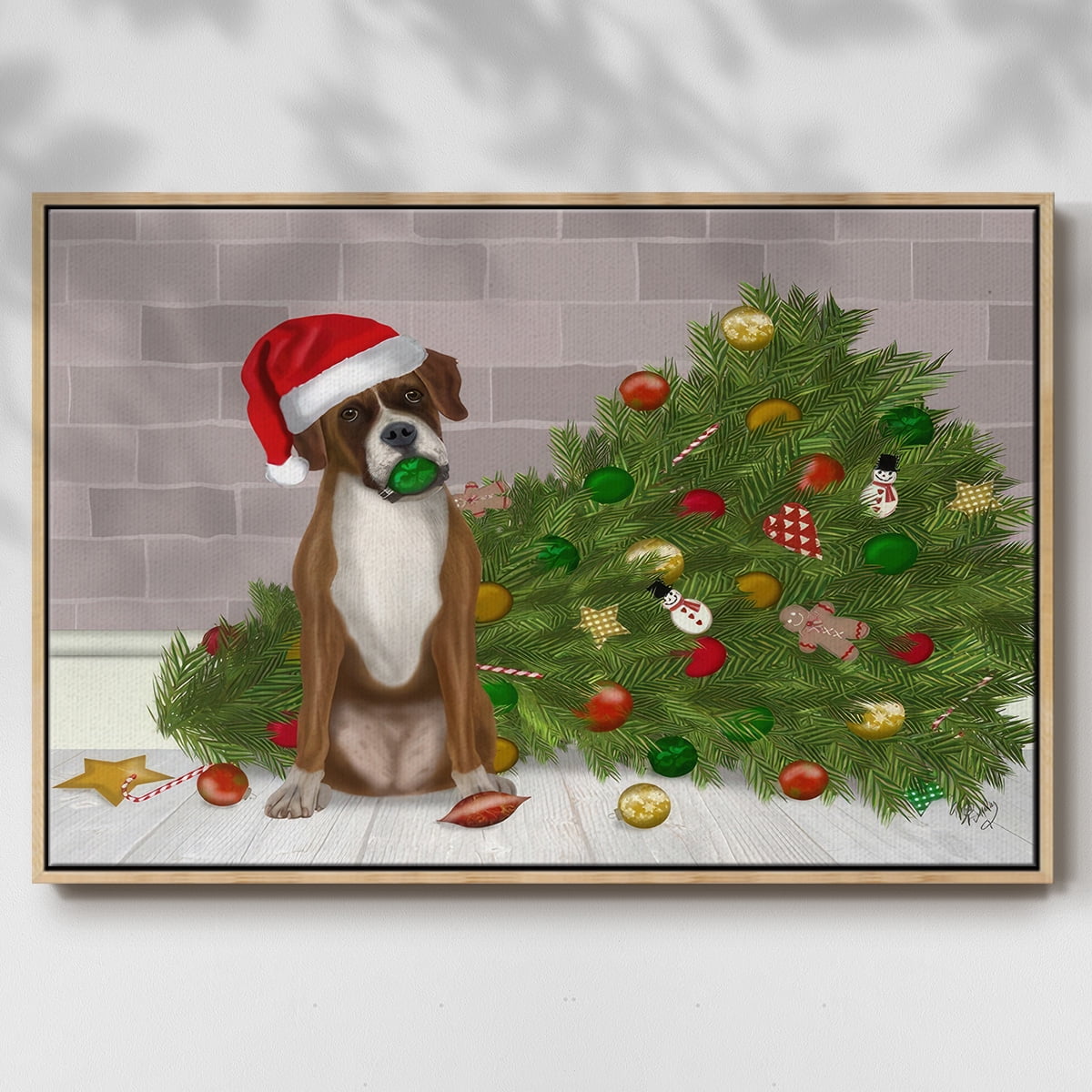 Christmas Boxer and Broken Christmas Tree - Framed Gallery Wrapped Holiday Canvas - 17 x 25 - Natural Wood Frame
