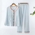 thumbnail image 2 of Diufon Womens Cotton Pajama Sets Round Neck Ruffle Button down Long Sleeve Tops Elastic Waist Pants, 2 of 3
