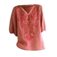 thumbnail image 4 of Ladies Tops and Blouses Women's Embroidered Top Cotton Linen Puff Short Sleeve Crewneck Boho Blouse Casual Button Down T Shirts Long Sleeve T shirt Women, 4 of 4